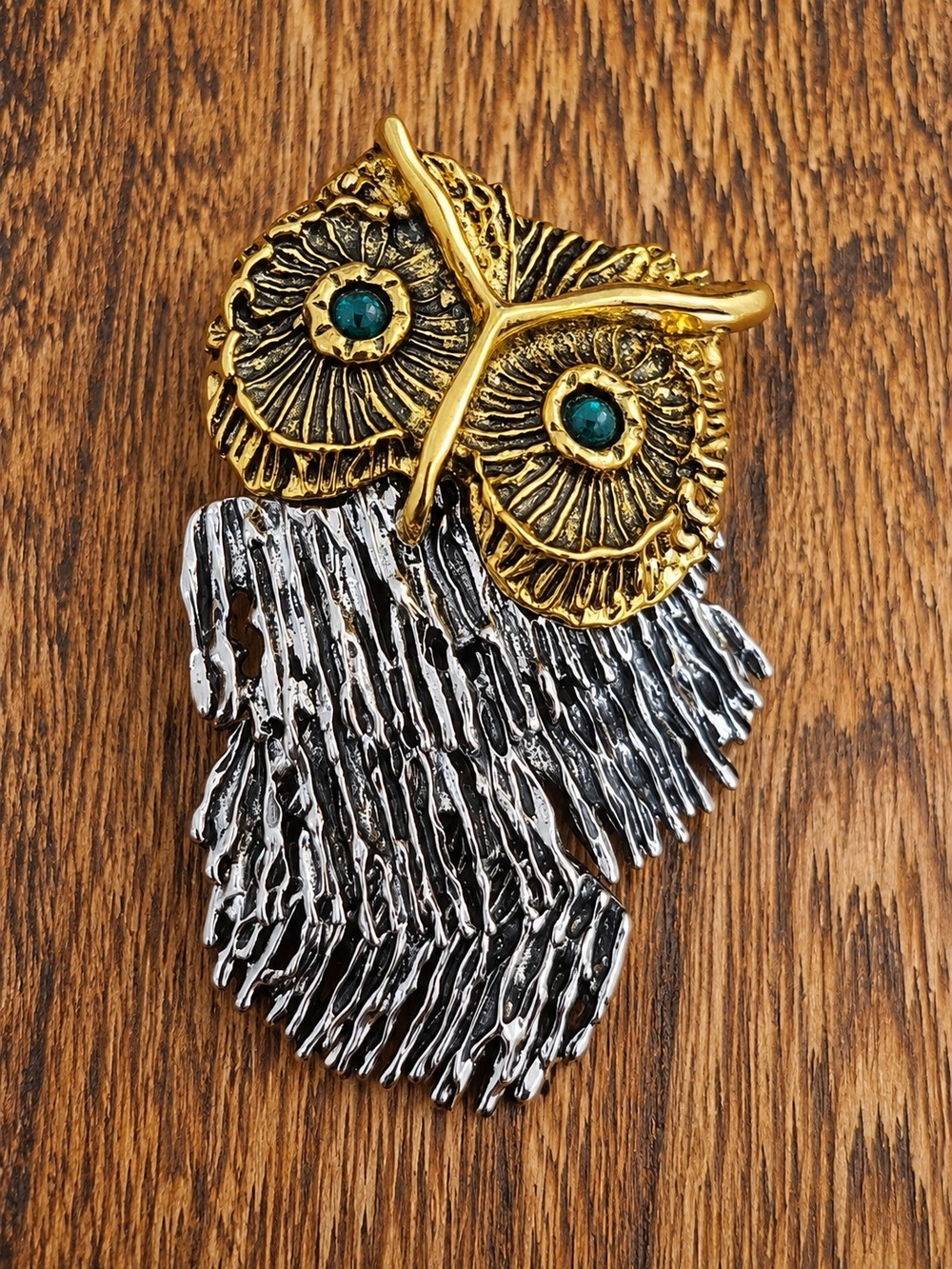Gold and Silver Owl Brooch with Green Eye Accents - Women's Jewelry